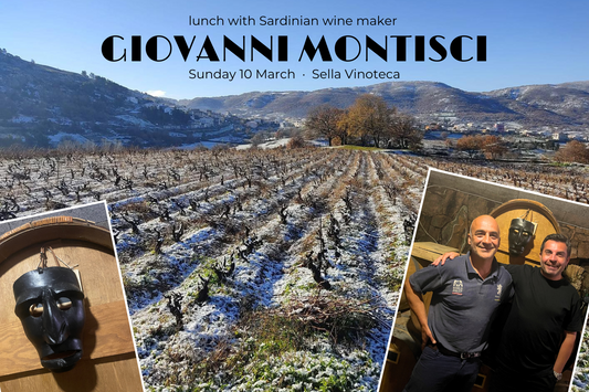 Snow on vineyards in Mamoiada, Sardinia. Inset picture of traditional Sardinian bandit mask on left. Inset picture of winemaker Giovanni Montisci & restaurateur and sommelier Fabio Dore. Lunch with a Sardinian winemaker at Sella Vinoteca