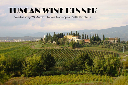 Tuscan winery on a hilltop, surrounded by cypresses. Tuscan wine dinner at Sella Vinoteca on Wednesday 20 March, 2024